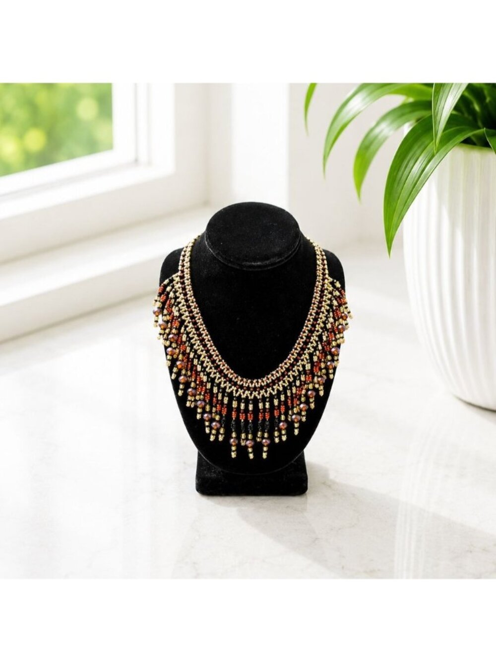 Handcrafted Beaded Bib Necklace With Red Black & Gold Glass Beads 20" Length Tog